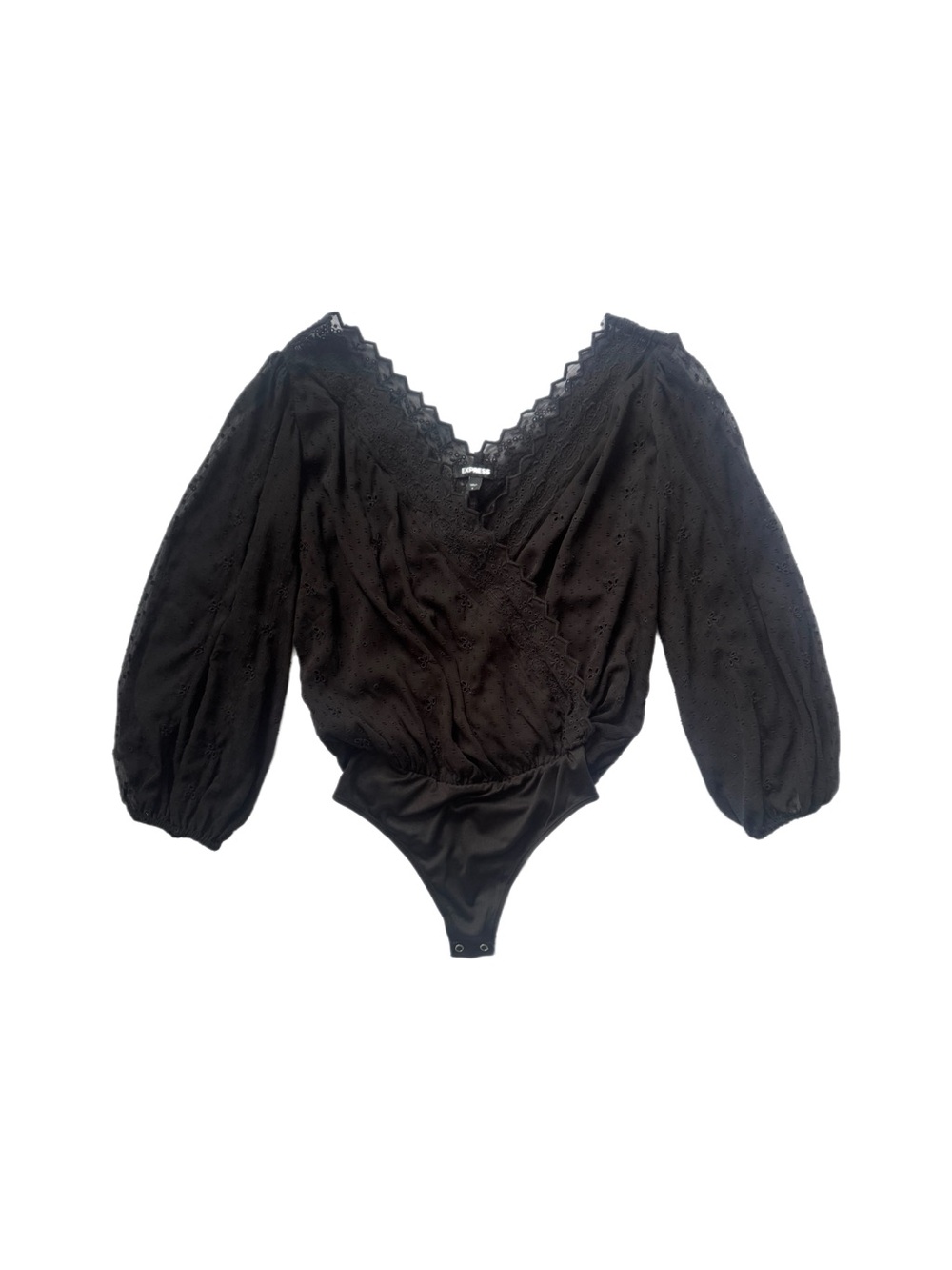 Express Black Lace Trim Balloon Sleeves Bodysuit Top